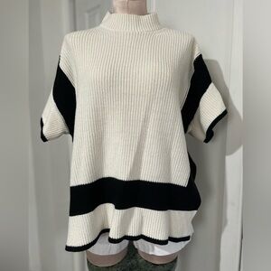 Chic White cream with black trimmings Knit Poncho boxy short sleeve sweater